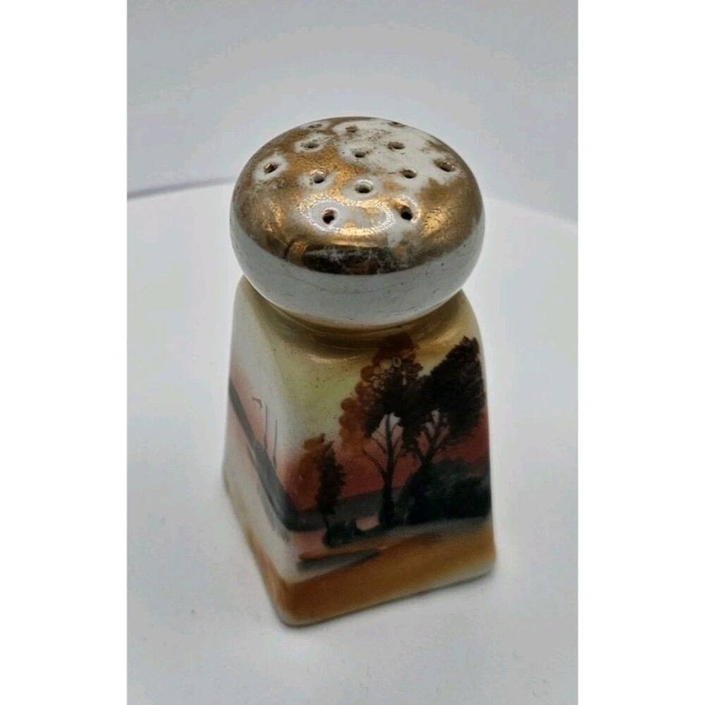 Vintage Salt  Shaker-Made Japan Gold with Orange & Tree Scene